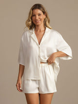 [Blanc] SilkSilky-FR 19Momme Manches mi-longues Col Cranté Femme Pyjamas 007