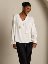 [Blanc] SilkSilky-FR Long Sleeve V Neck Blouse 005