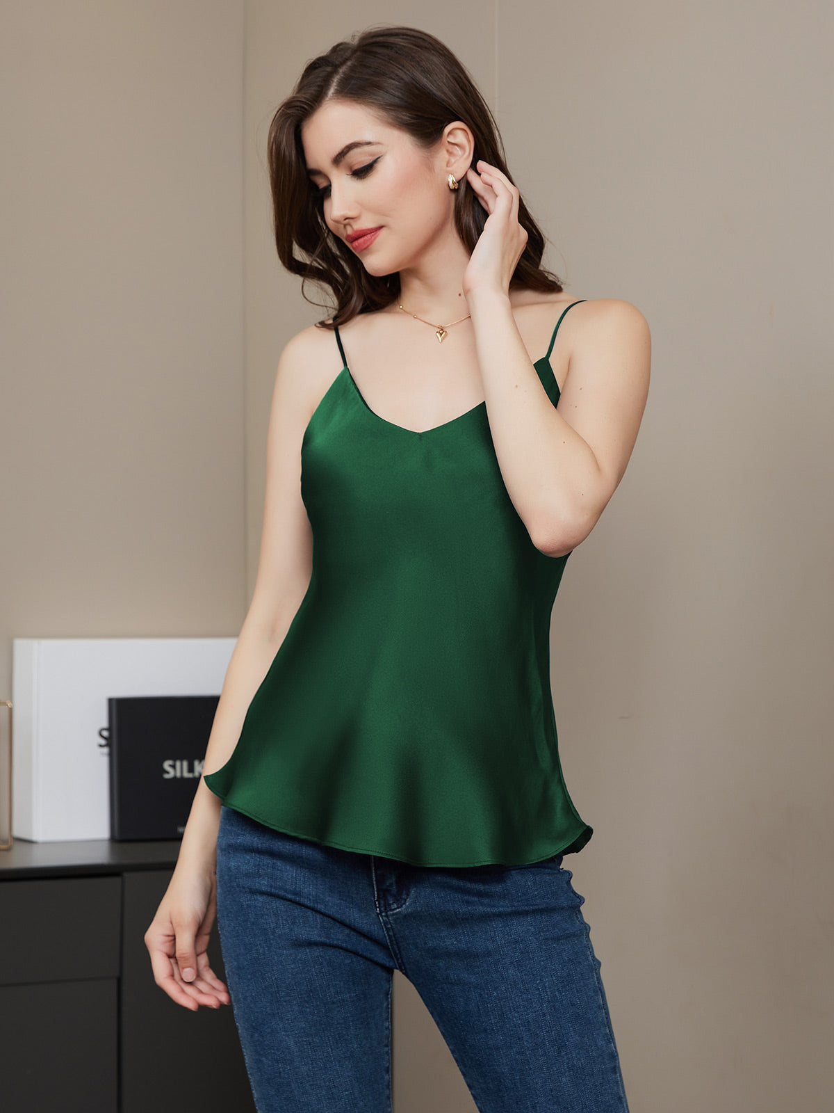 [Vert Foncé] SilkSilky-FR Pure Soie Col en V Top À Fines Brides 001