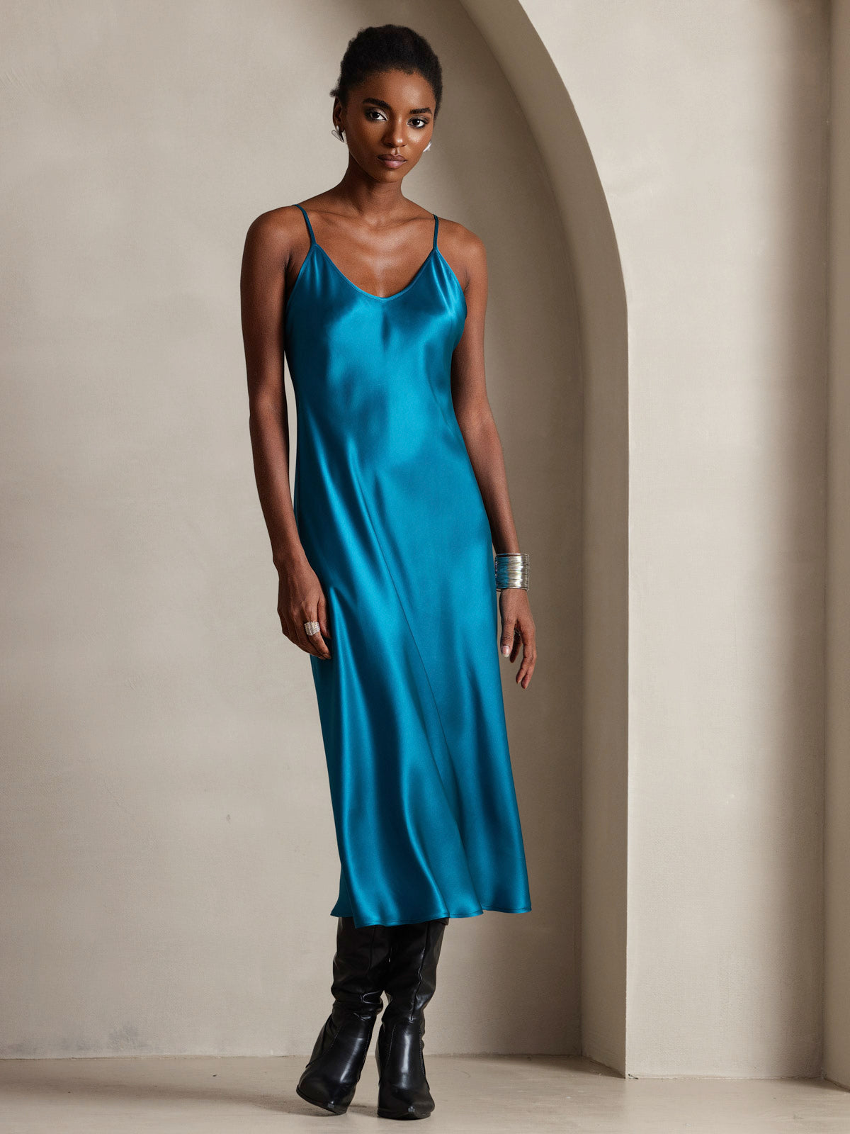 [Bleu Royal] SilkSilky-FR Pure Soie Col Rond Robes 001