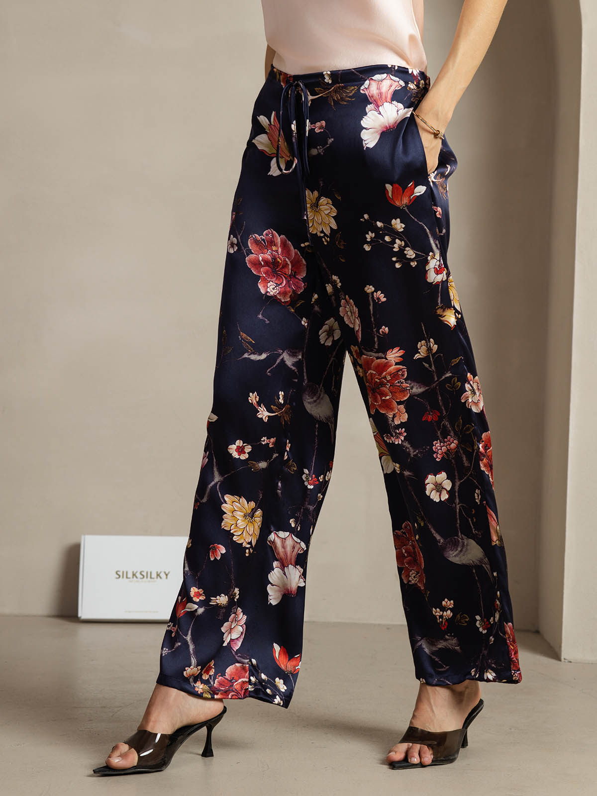 [Floral Marine] SilkSilky-FR 19Momme Soie Womens Pants 003