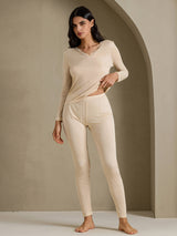 [Beige] SilkSilky-FR Long Sleeve V Neck Sous Vêtements Longs Femme 006