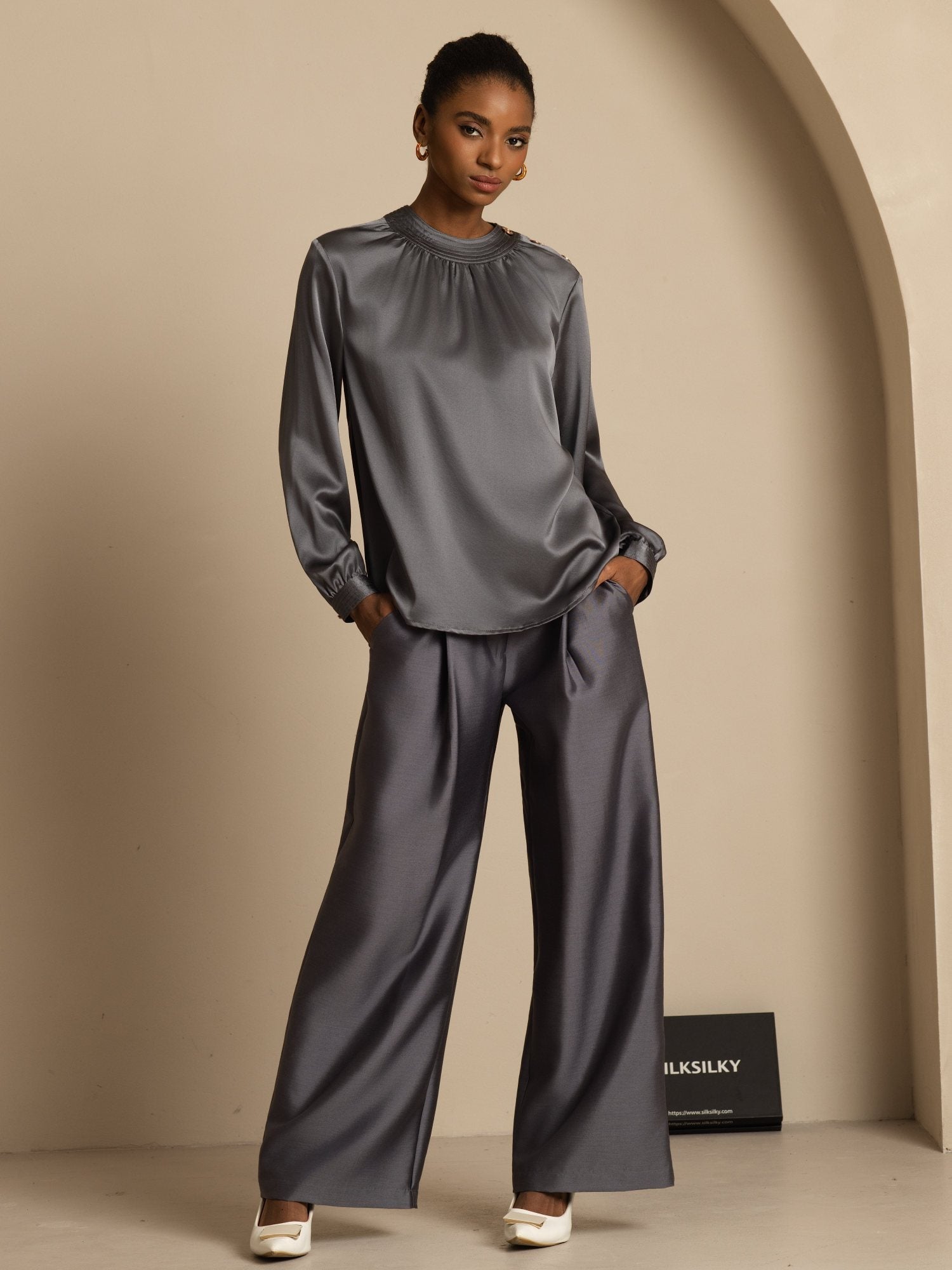 [GrisFoncé] SilkSilky-FR 19Momme Soie Manches longues Col Rond Blouse 003