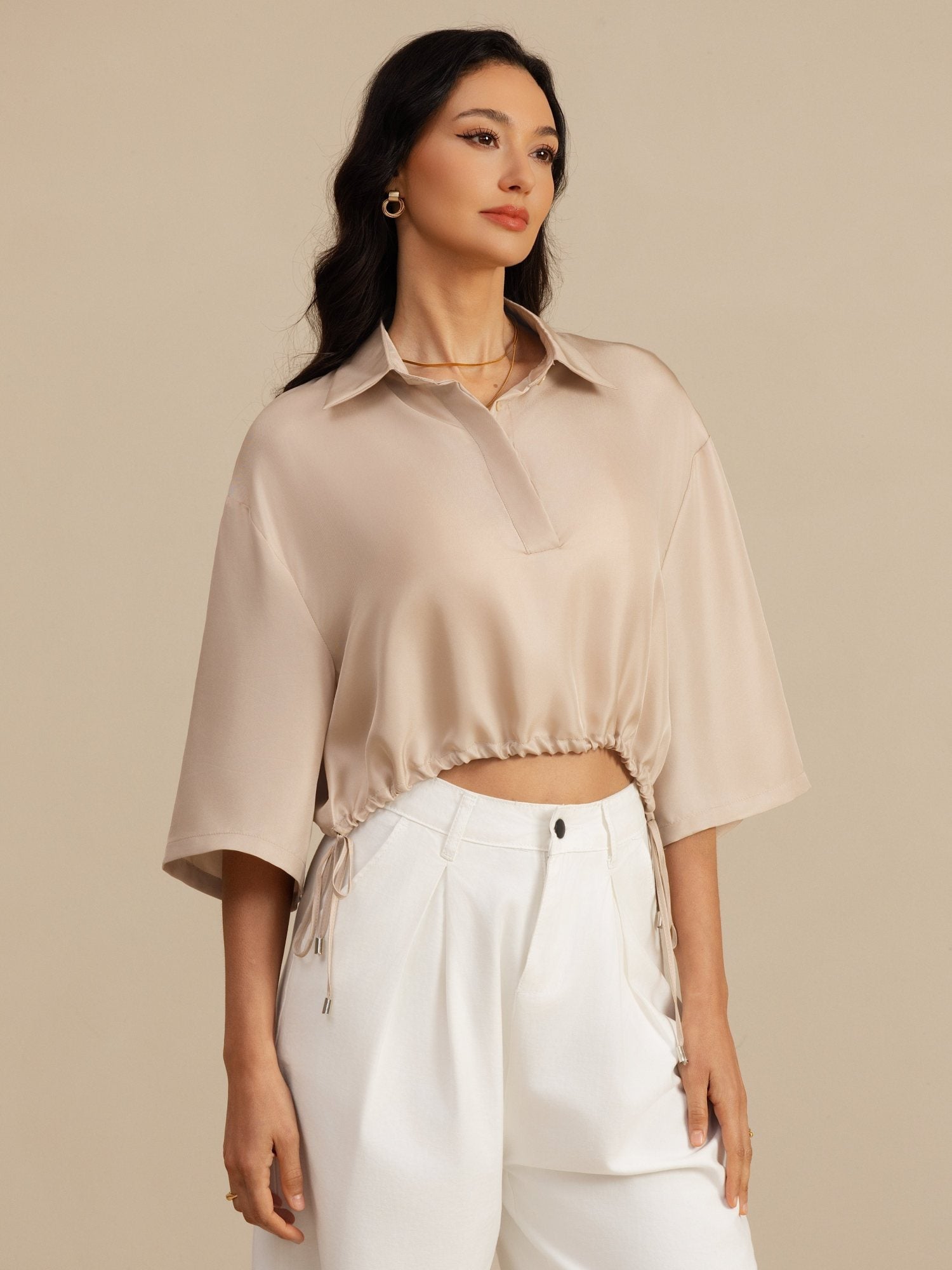 [Tan] SilkSilky-FR 18Momme Manches mi-longues Col à Revers Blouse 001