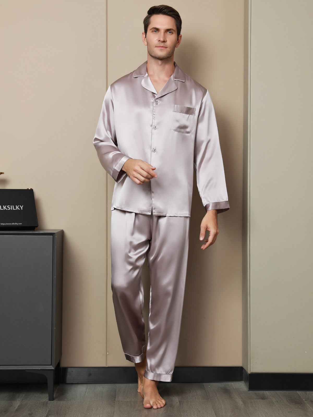 [Mauve Pâle] SilkSilky-FR 19Momme Pure Soie Mens Pajamas 001