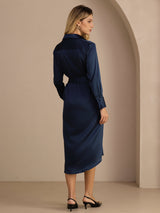 [Bleu Foncé] SilkSilky-FR Long Sleeve Lapel Collar Robes 002
