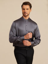 [Gris Foncé] SilkSilky-FR Long Sleeve Stand Collar Homme Chemise 003