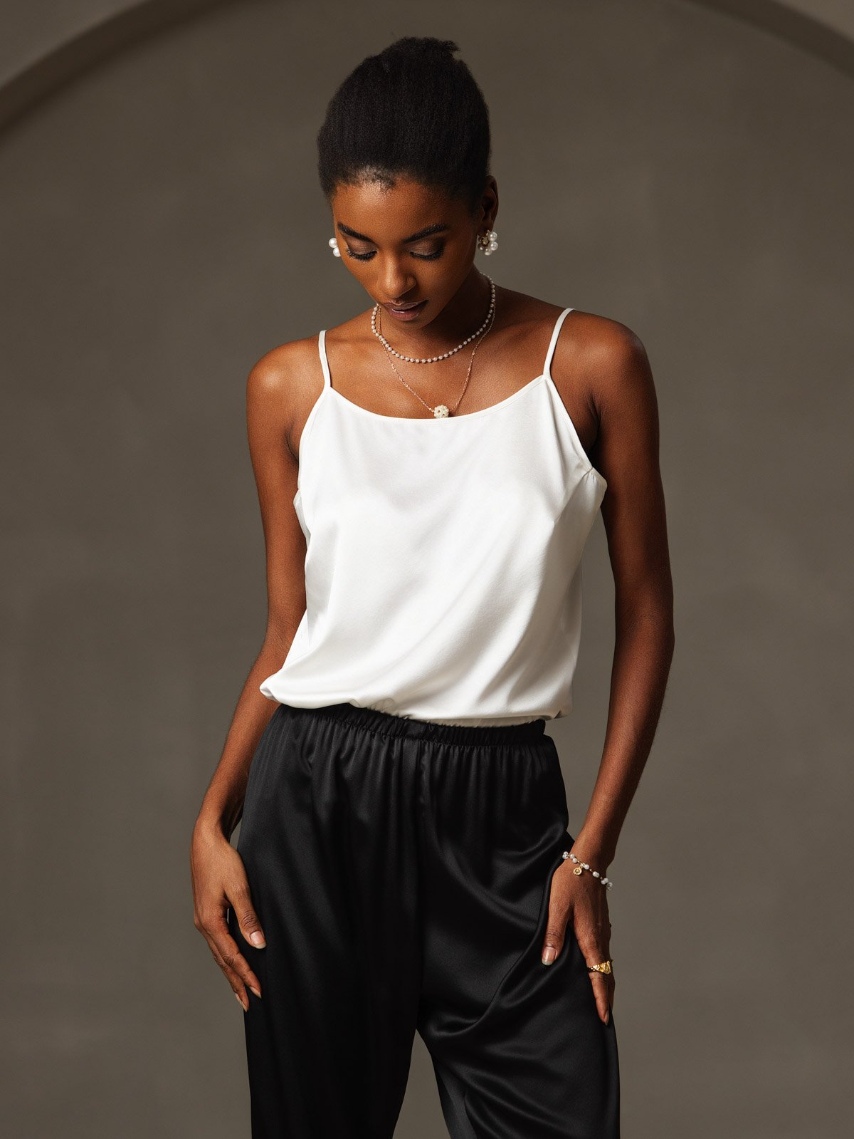 [Blanc] SilkSilky-FR 19Momme Fines Brides Encolure Dégagée Top À Fines Brides 005