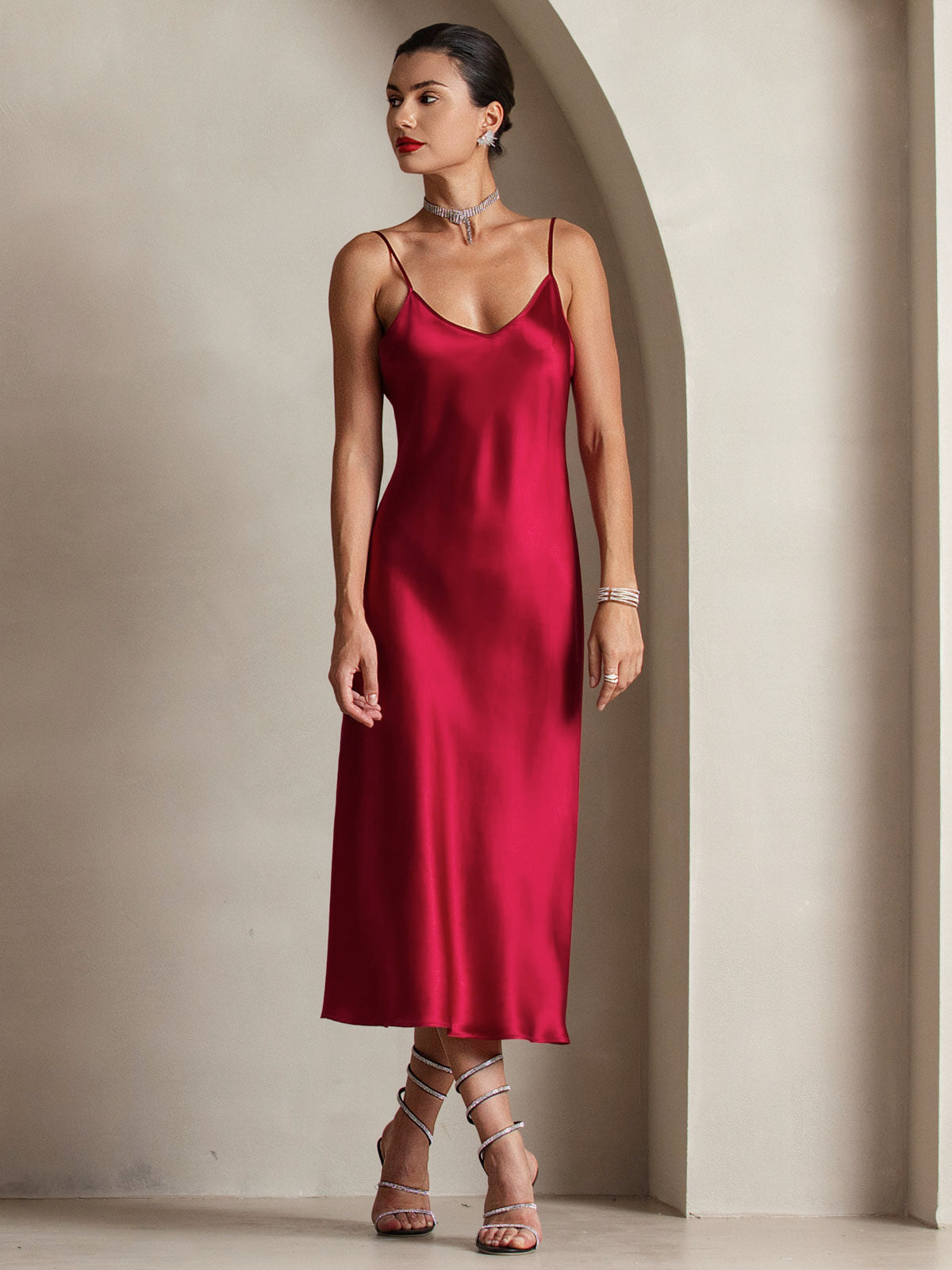 [Rouge Vineux] SilkSilky-FR Pure Soie Col Rond Robes 005