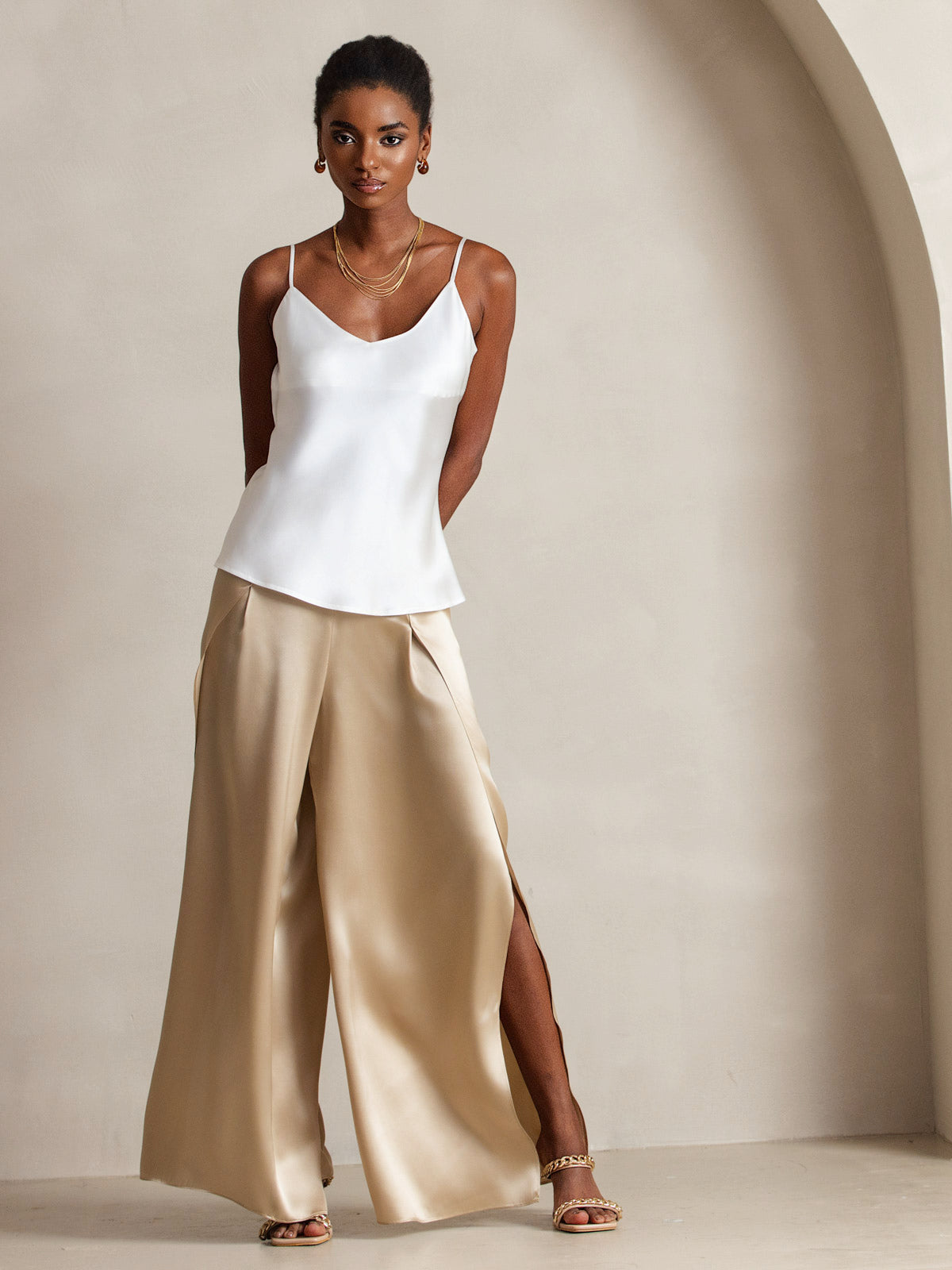 [Blanc] SilkSilky-FR Pure Soie Col en V Top À Fines Brides 004