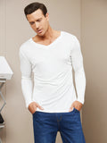 SilkSilky FR Soie Tricotée Manches longues Col en V Homme T Shirt Blanc 001