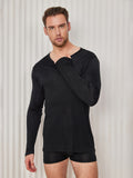 SilkSilky FR Soie Tricotée Manches longues Col Rond Homme T Shirt Noir 005