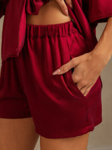 [Rouge Vineux] SilkSilky-FR 19Momme Manches mi-longues Col Cranté Femme Pyjamas 005