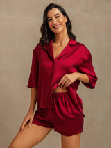[Rouge Vineux] SilkSilky-FR 19Momme Manches mi-longues Col Cranté Femme Pyjamas 006