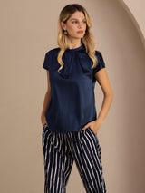 [Bleu Foncé] SilkSilky-FR Short Sleeve Blouse 004