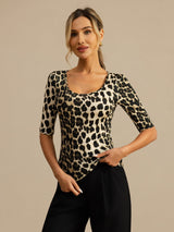 [Leopard] SilkSilky-FR Manches mi-longues Encolure Dégagée Femme T-Shirt 001