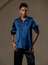 [Bleu Royal] SilkSilky-FR Long Sleeve Lapel Collar Femme Chemise 001