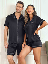 [Bleu Foncé] SilkSilky-FR Pure Soie Manches courtes Couple 076