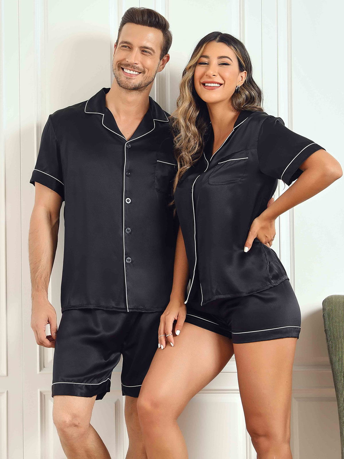 SilkSilky FR Pure Soie Manches courtes Couple Noir 001