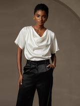 [Blanc] SilkSilky-FR Short Sleeve Cowl Neck Blouse 004