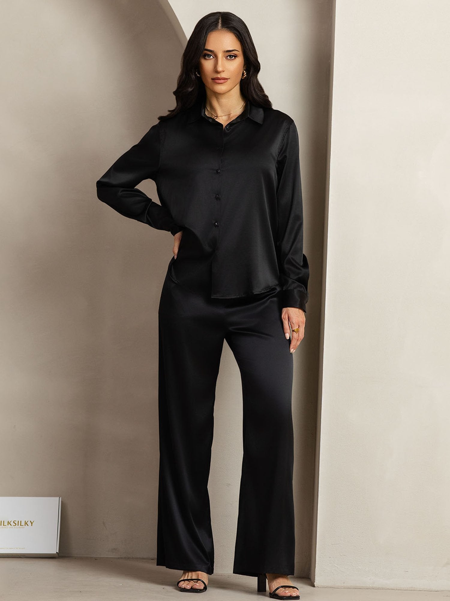 [Noir] SilkSilky-FR 19Momme Soie Col Chemise Women''s Outfit Sets 004