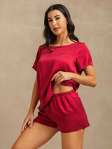 [Rouge Vineux] SilkSilky-FR 19Momme Manches courtes Col Rond Femme Pyjamas 007