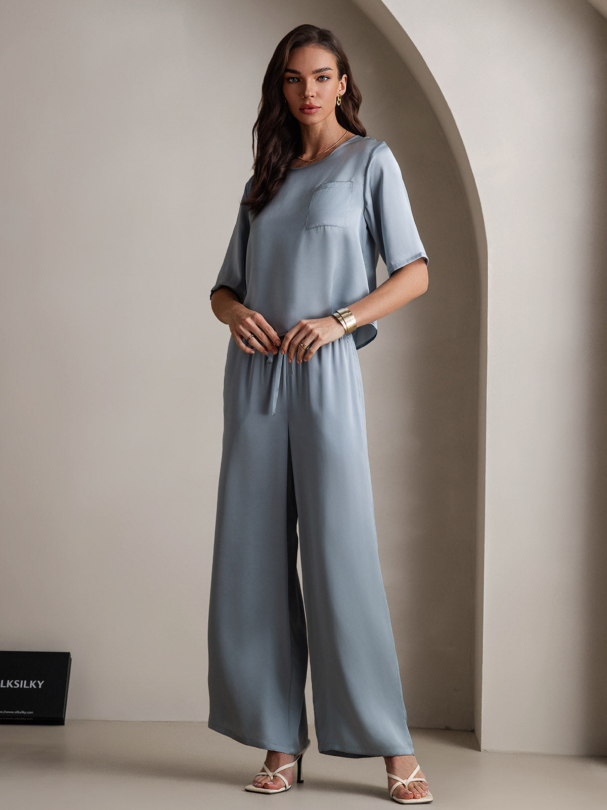 [Bleu Grisâtre] SilkSilky-FR Pure Soie Col Rond Femme Pyjamas 004