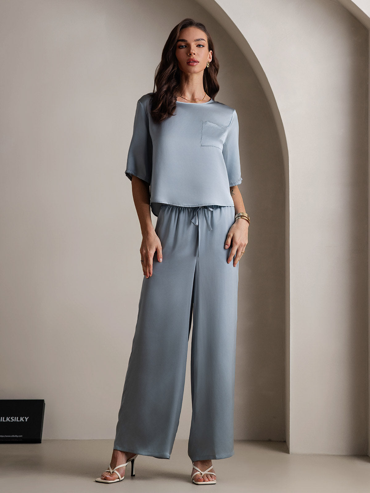[Bleu Grisâtre] SilkSilky-FR Pure Soie Col Rond Femme Pyjamas 003