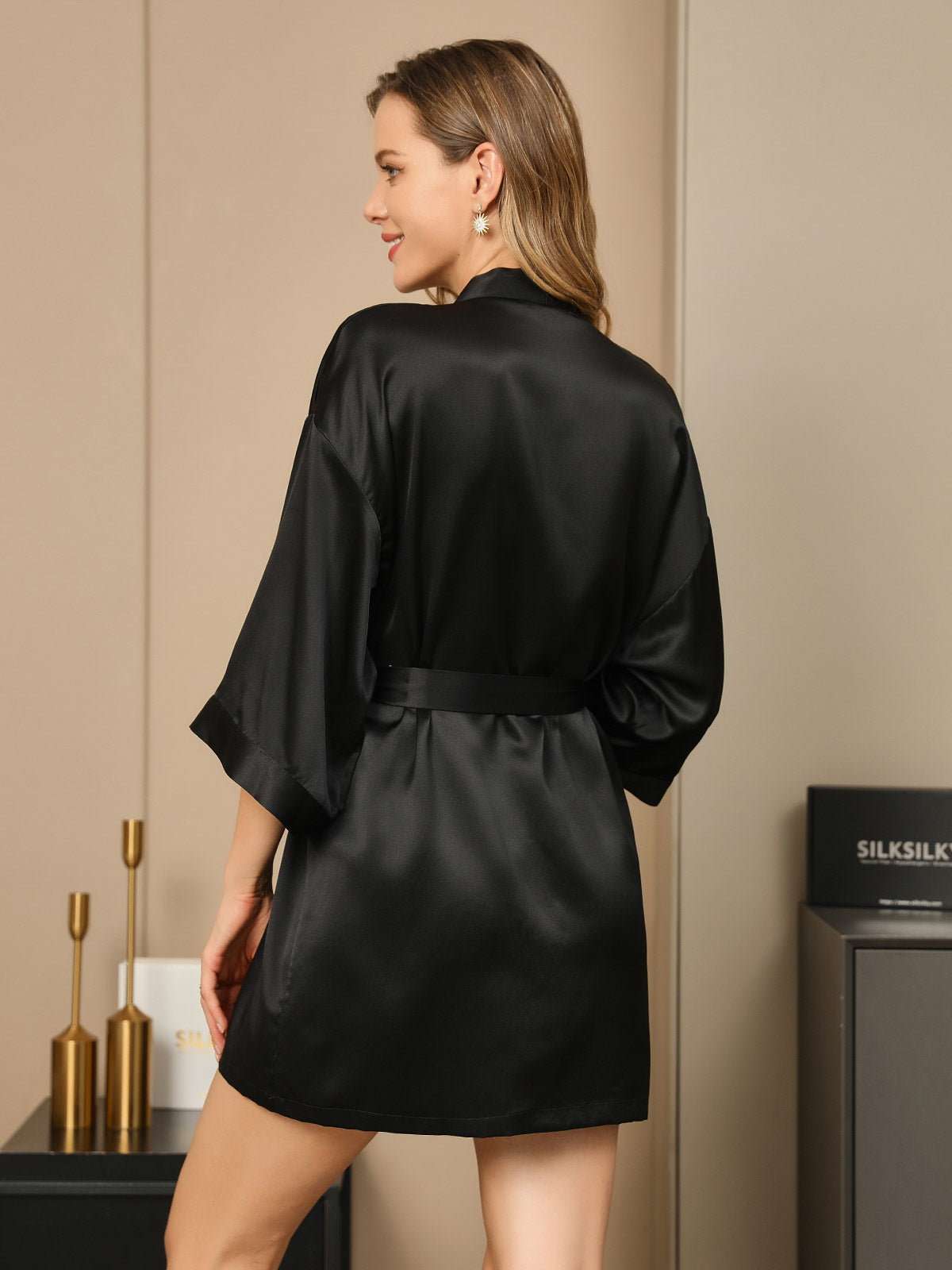 [Noir] SilkSilky-FR Pure Soie Womens Robe 002