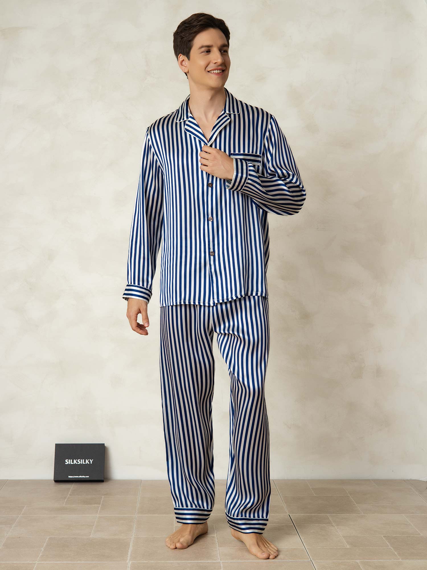 [Rayure Marine] SilkSilky-FR 19Momme Pure Soie Mens Pajamas 003