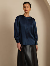 [Bleu Foncé] SilkSilky-FR 19Momme Long Sleeve Round Neck Blouse 003
