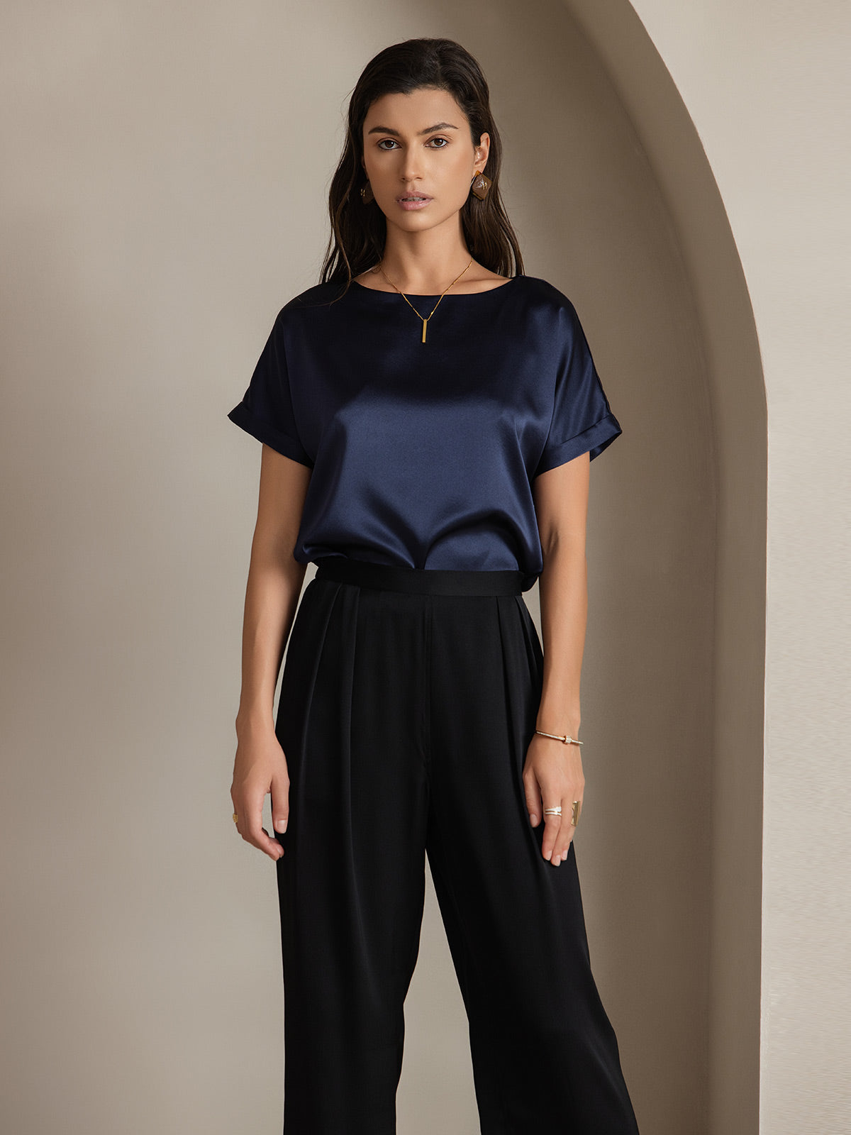 [Bleu Foncé] SilkSilky-FR 19Momme Soie Col Rond Femme T-Shirt 001