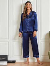 [Bleu Foncé] SilkSilky-FR Pure Soie Manches longues Womens Pajamas 004