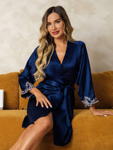 [Bleu Foncé] SilkSilky-FR 3/4 Sleeve Femme Peignoir 004