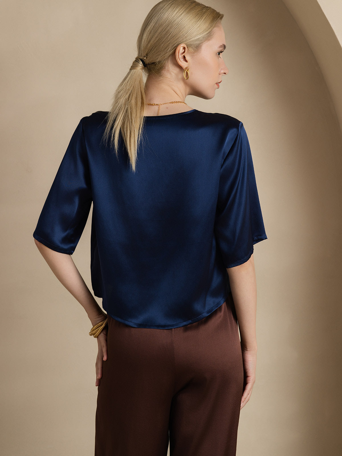 [Bleu Foncé] SilkSilky-FR Pure Soie Manches mi-longues Col Bateau Femme T-Shirt 002