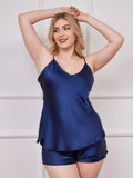 SilkSilky-FR Pure Soie Décolleté plongeant Ensemble Camisole grandes tailles BleuFoncé 003