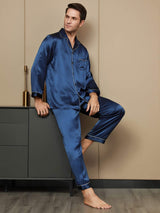 [Bleu Foncé] SilkSilky-FR Pure Soie Manches longues Revers Homme Pyjamas 001