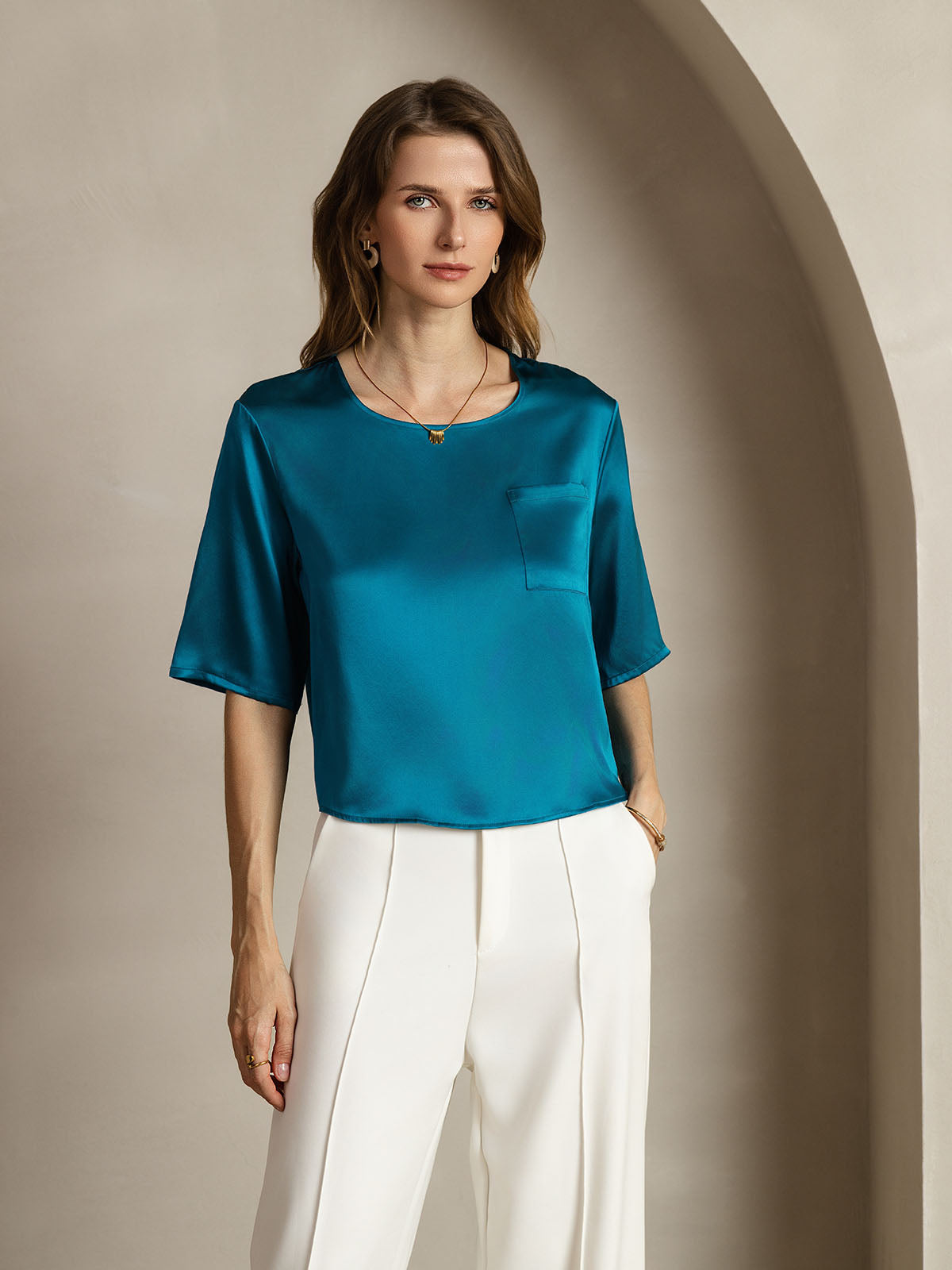 [Bleu Royal] SilkSilky-FR Pure Soie Col Bateau Femme T-Shirt 001