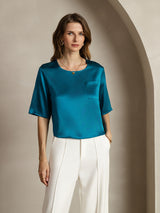 [Bleu Royal] SilkSilky-FR Manches mi-longues Encolure Dégagée Femme T-Shirt 001