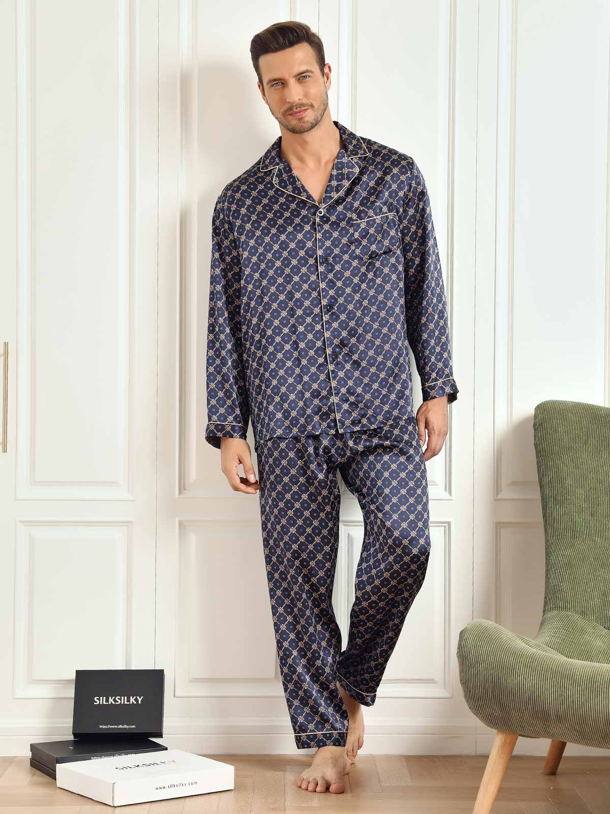 [Chaîne Marine] SilkSilky-FR 19Momme Manches longues Homme Pyjamas 002