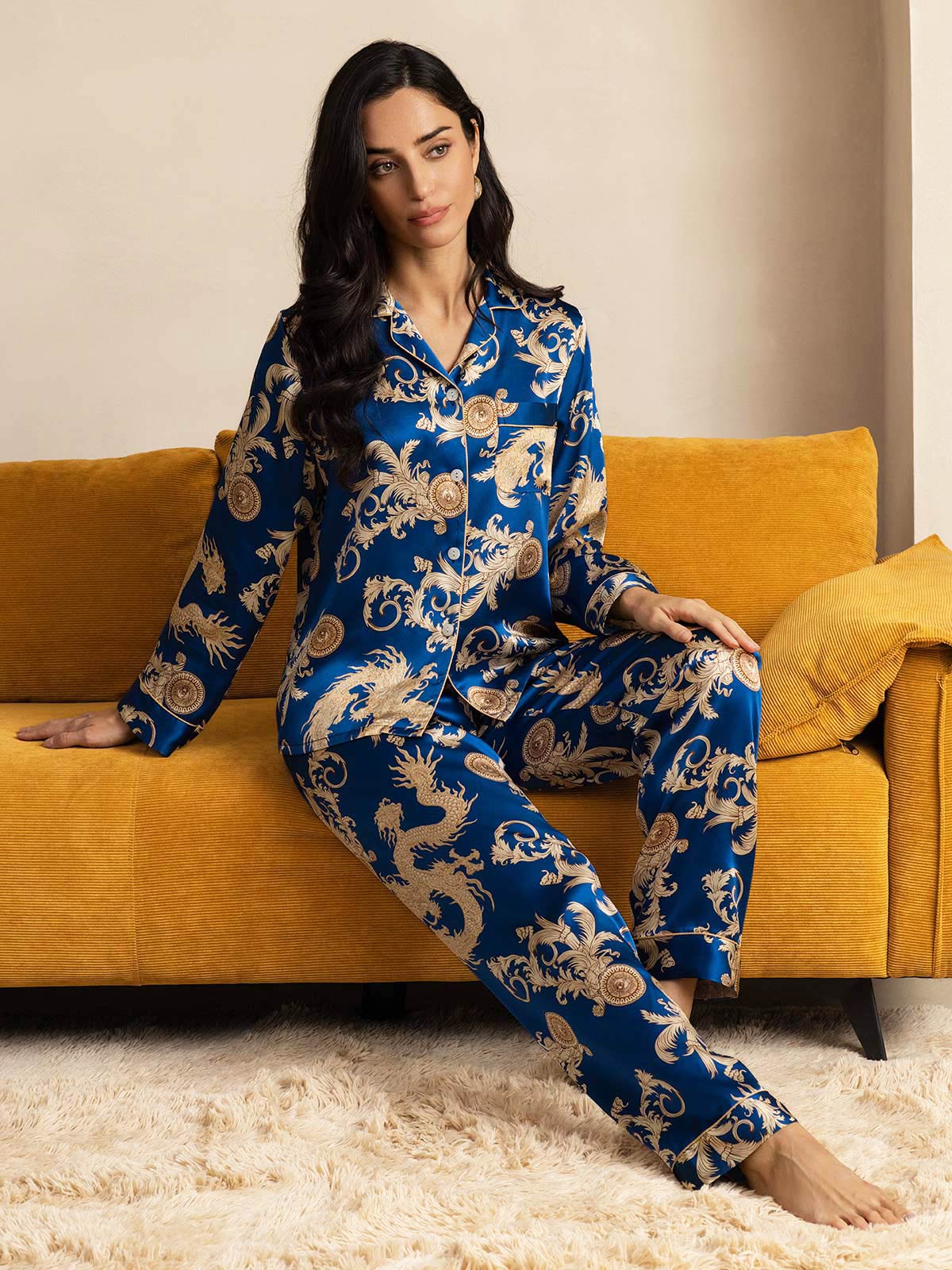 [Dragon Navy] SilkSilky-FR Pure Soie Womens Pajamas 008