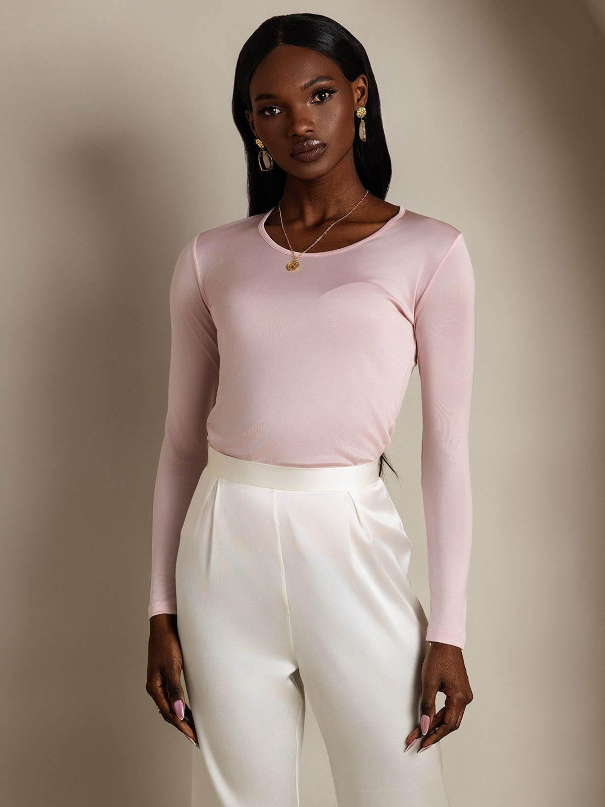 [Rose Corail] SilkSilky-FR Manches longues Col Rond Femme T-Shirt 003