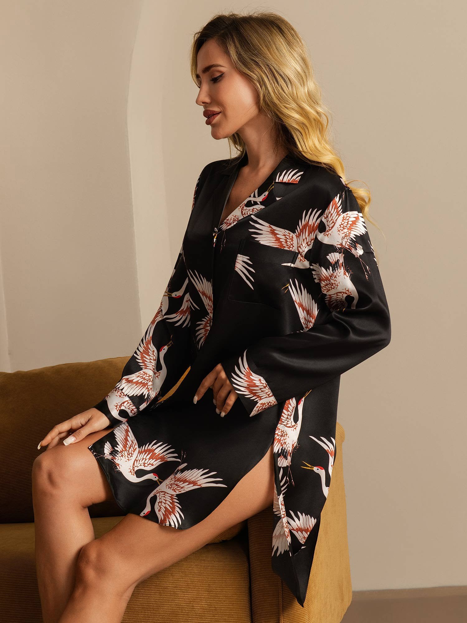 [Noir] SilkSilky-FR 19Momme Soie Col Chemise Chemise pour dormir 007