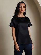 [Noir] SilkSilky-FR Short Sleeve Boat Neck Femme T-Shirt 001