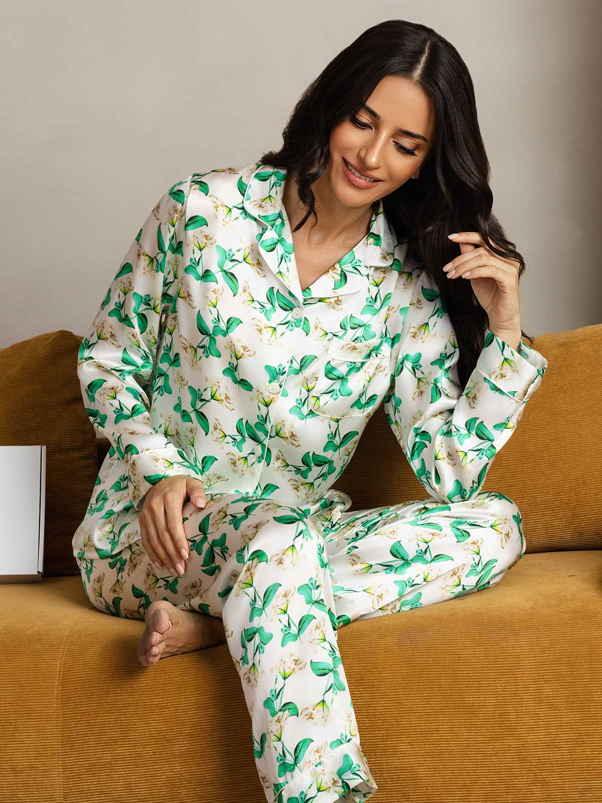 [Floral Vert] SilkSilky-FR Pure Soie Womens Pajamas 003