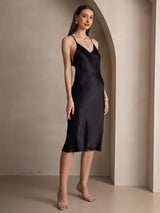 [Noir] SilkSilky-FR Pure Soie Sans manches Col en V Robes 005