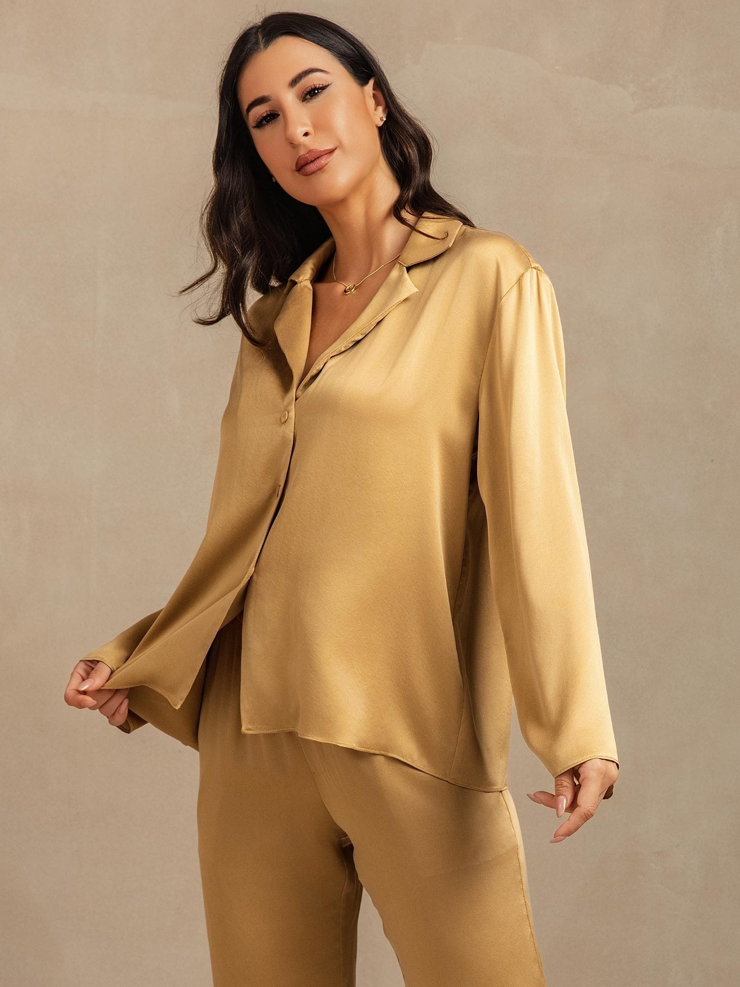 [Tan] SilkSilky-FR 19Momme Soie Découpe V Femme Pyjamas 008