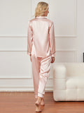 SilkSilky FR Pure Soie Manches longues Revers Femme Pyjamas Rose 002