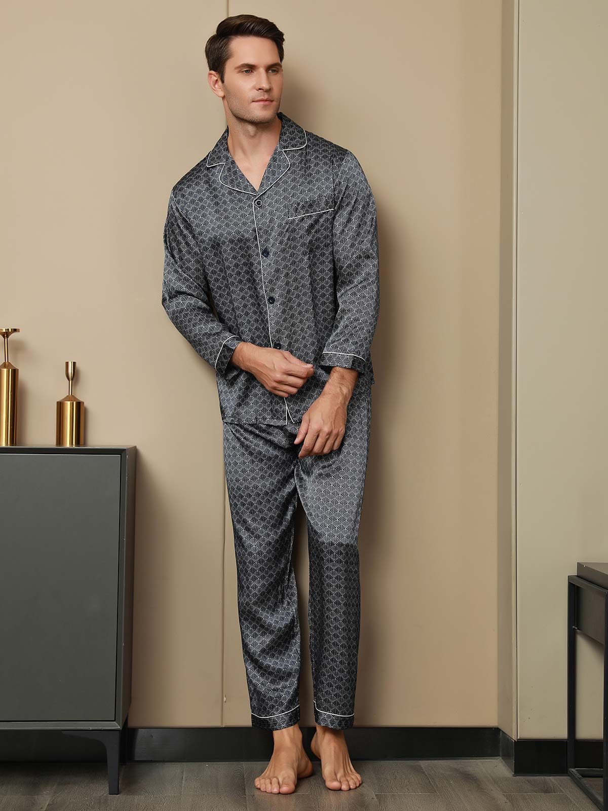 [Ginkgo Marine] SilkSilky-FR 19Momme Manches longues Homme Pyjamas 012