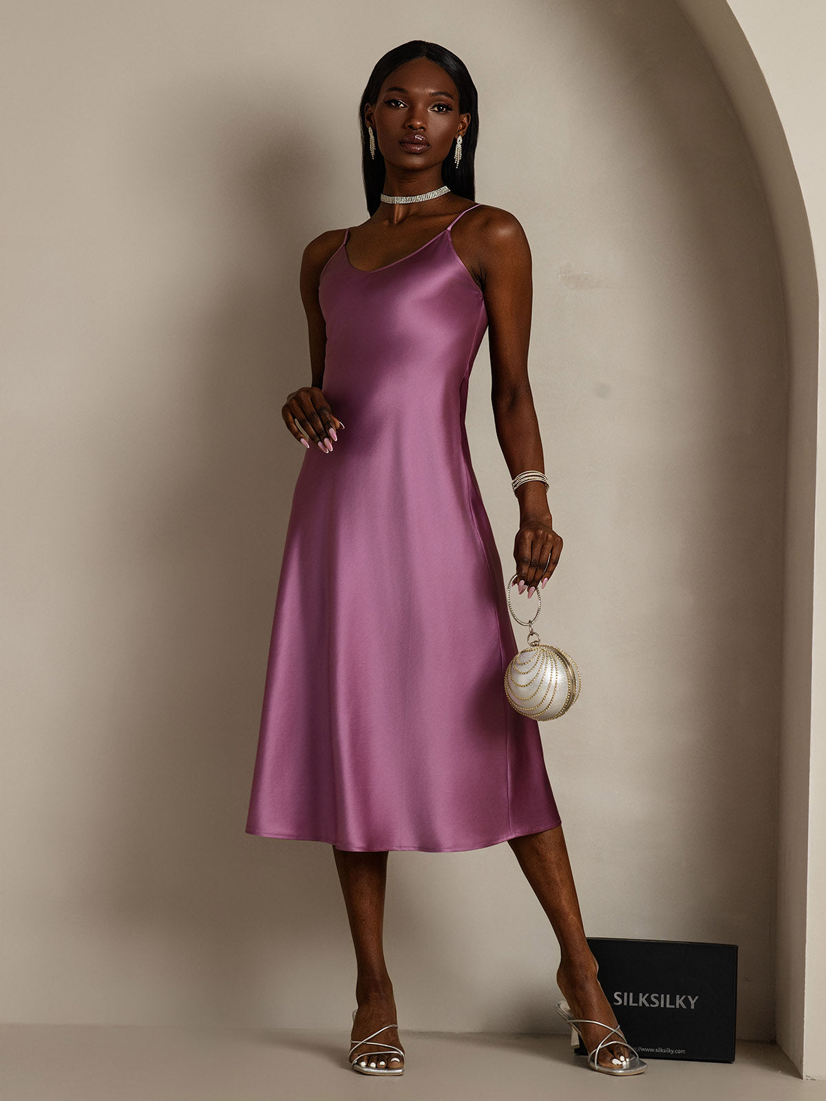 [Violet Foncé] SilkSilky-FR Pure Soie Col Rond Robes 004